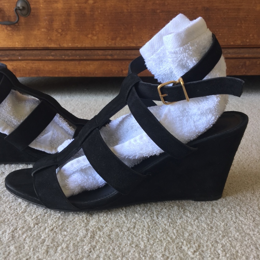 J.Crew Strappy Caged Black Suede Wedge Sandal Sz 9